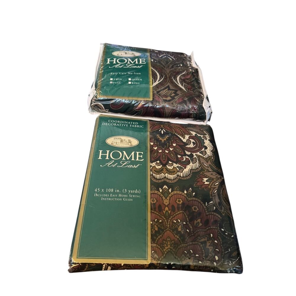 VTG Home At Last Astor Court Green Full Bed Ruffle + 3 Yd Coordinated Fabric NOS